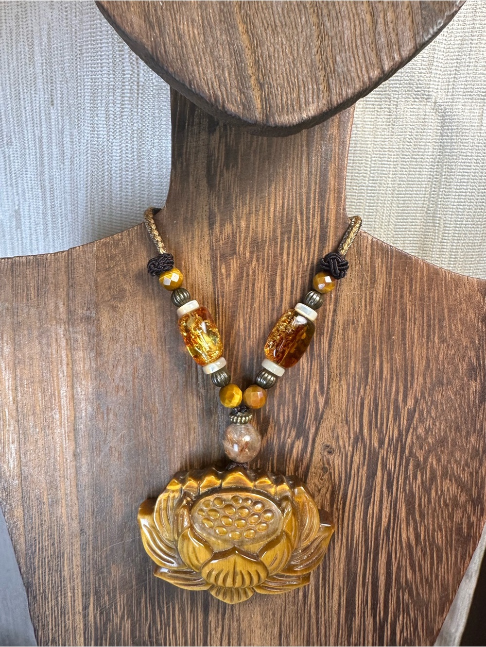 Tiger’s Eye Lotus Pendant Necklace with Golden Rutile and Amber on Rope - Picture 11 of 16